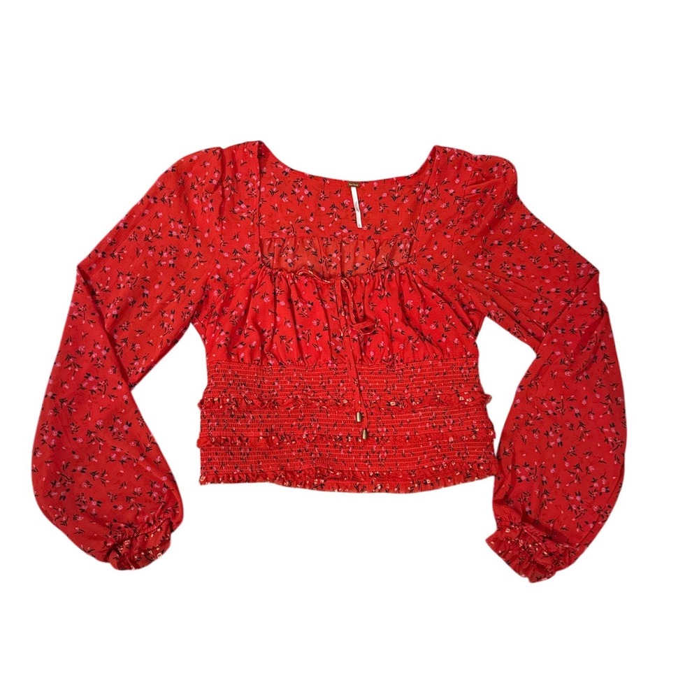 Free People Lolita Floral Smocked Blouse Womens Large Red New Puff Sleeve Bohoa